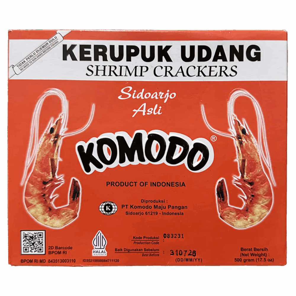 Komodo Merah GK Shrimp Crackers (Krupuk Udang) are a tasty Indonesian snack made with fresh shrimp, tapioca, egg, and spices, a snack for any occasion.