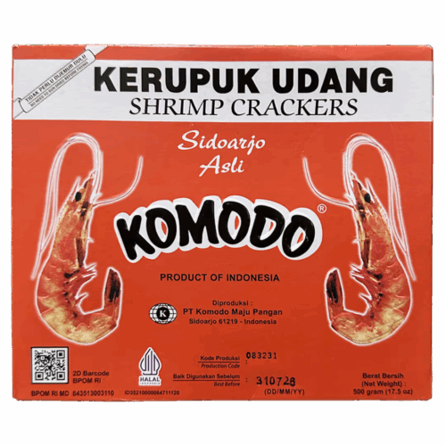 Komodo Merah GK Shrimp Crackers (Krupuk Udang) are a tasty Indonesian snack made with fresh shrimp, tapioca, egg, and spices, a snack for any occasion.